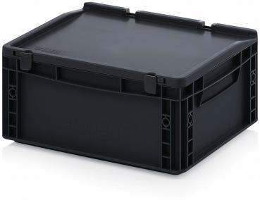 Das Bild zeigt eine schwarze, rechteckige Kunststoffbox mit einem flachen Deckel. Sie hat seitliche Griffe und ist stabil konstruiert, ideal für Lagerung oder Transport.