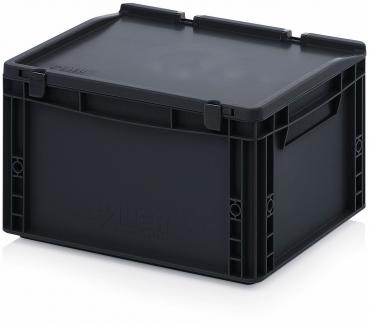 Das Bild zeigt eine schwarze, rechteckige Kunststoffkiste mit einem flachen Deckel. Sie hat seitliche Griffe und eine stabile, klare Form, ideal zur Aufbewahrung von Gegenständen.