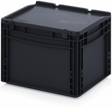 Auf dem Bild ist eine schwarze, quadratische Kunststoffbox mit einem flachen Deckel. Sie hat Seitenwände mit eingravierten Mustern und Griffen an den Seiten zum Tragen.