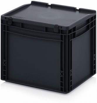 Es handelt sich um eine quadratische, schwarze Kunststoffbox mit einem flachen Deckel. Die Kanten sind leicht abgerundet, und die Oberseite hat zwei kleine Griffe. Sie wirkt stabil und funktional.