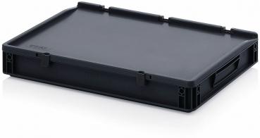 Das Bild zeigt eine flache, rechteckige Box aus schwarzem Kunststoff. Sie hat eine glatte Oberfläche und ist an den Ecken leicht verstärkt. An den Seiten sind zwei grifffähige Aussparungen.