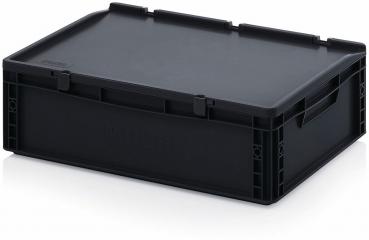 Die Abbildung zeigt eine rechteckige, flache Box aus schwarzem Kunststoff mit einem schlichten, glatten Deckel. An den Seiten befinden sich praktische Griffe zum Tragen.