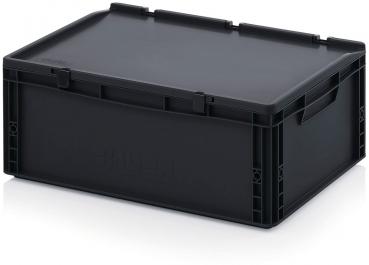 Das Bild zeigt eine schwarze, rechteckige Kunststoffbox mit einem flachen Deckel. Die Box hat seitliche Griffe und eine stabile, robuste Struktur. Sie eignet sich zur Aufbewahrung.