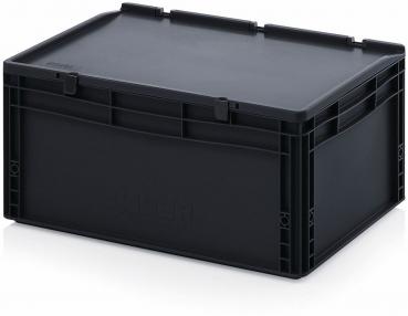 Das Bild zeigt eine schwarze, rechteckige Kunststoffbox mit stabilen Wänden und einem flachen Deckel. Sie hat eine praktische und robuste Bauweise, ideal zur Aufbewahrung.