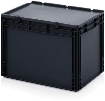 Es handelt sich um eine schwarze Kunststoffbox mit einem geschlossenen Design. Sie hat eine rechteckige Form, stabile Wände und Griffe an den Seiten für einfachen Transport.