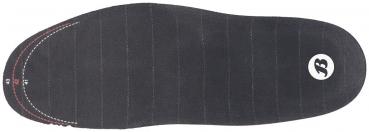 The image shows a black shoe sole with fine horizontal lines and a round logo on the right side. The sole has a grippy texture and a slightly curved edge.