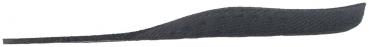 The image shows a long, narrow, black object that is slightly raised at one end. It has a smooth surface and appears much like a narrow strip.
