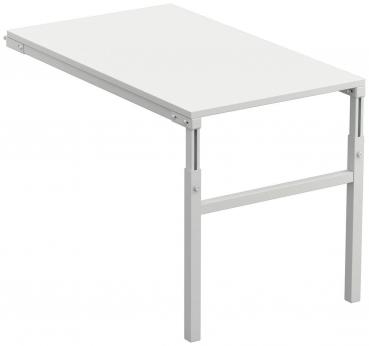 The image displays a simple, white table with a rectangular tabletop and two sturdy, white metal legs. It has a modern, minimalist shape.