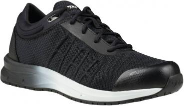 The shoe is a sporty, black sneaker with a textured surface. It has a clear, white sole and a padded insole for comfort. The laces are classic.