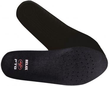 The image shows a black insole for shoes. The bottom is flat with small holes for ventilation. The insole reads "RELAX" and "FTG," indicating comfort.