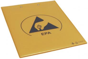 Das Bild zeigt eine gelbe, rechteckige Platte mit einem schwarzen Symbol. In der Mitte ist ein schwarzes Dreieck und eine erhobene Faust dargestellt, darunter steht "EPA".