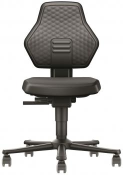 The image shows a black office chair with an ergonomic shape. The back has a textured surface and the seat is height adjustable. Five casters allow for easy mobility.