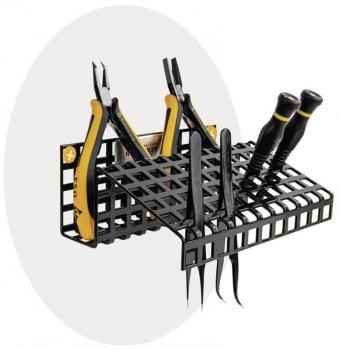 The image displays a wall shelf made of black plastic with various tools, including pliers and screwdrivers, neatly arranged. The shelf has a grid design.
