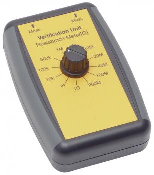 The image displays a device resembling a measuring instrument with a yellow surface. In the center, there is a rotatable knob with various resistance values ranging from 200 to 1 GΩ.