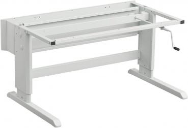 The image shows a simple, white table with a crank. It has two sturdy legs and is height-adjustable, ideal for various working positions.