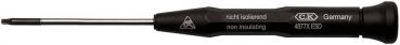 The image shows a black screwdriver with a long, thin metal head and a non-slip handle. The handle has an ergonomic shape and is labeled.