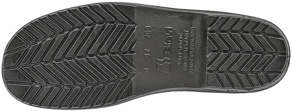 The image shows the underside of a black shoe. The sole is textured with a herringbone pattern for better grip. There are also some embossments visible on the sole.