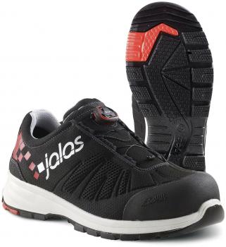 The image shows a black safety shoe with red accents. It features a sturdy rubber sole and reinforced toe protection. The laces are easy to use thanks to a special system.