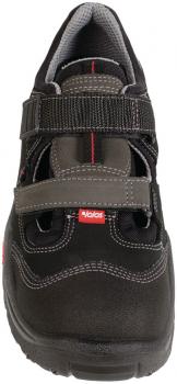 The image shows a black shoe with gray and red accents. It has a wide, adjustable Velcro strap and a sturdy, non-slip sole.