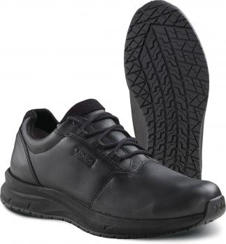 The image shows a black leather shoe with laces and a grippy rubber sole. The shoe has a sleek, sporty shape and a comfortable sole for everyday and casual wear.
