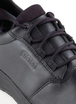 The image shows a black leather shoe with laces. The surface appears smooth and modern, and the logo is visible on the side.