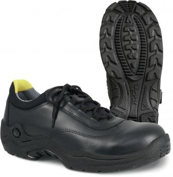 Das Bild zeigt einen schwarzen Schuh mit Schnürsenkeln. Er hat eine robuste, gummierte Sohle mit rutschfestem Muster. Die Innenseite ist hellgrau, mit einem gelben Akzent an der Ferse.