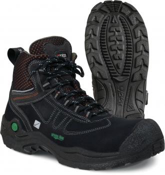 Das Bild zeigt einen schwarzen Wanderschuh mit orangefarbenen Akzenten. Der Schuh hat eine hohe Form für Knöchelschutz, robuste Schnürsenkel und eine griffige, strukturierte Sohle.