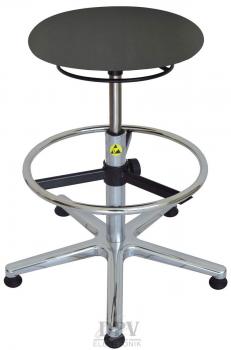 The image shows an adjustable stool with a round, black seat. The base is made of chromed metal and has five casters for mobility. A ring in the middle provides stability.