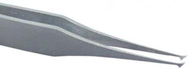 The image shows a metallic tweezer with long, pointed ends. It has a narrow, flat shape and a smooth surface, ideal for gripping small objects.