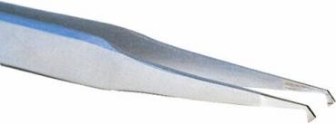 The image shows a sharp, metallic tweezer. It has two narrow, tapering ends and a slightly curved handle, suitable for precise gripping.