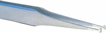 The image shows a pointed tweezer made of shiny metal. It has two long, narrow prongs that taper and come together at the tip. The surface is smooth.