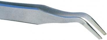 The image shows a tweezer-like pair of pliers made of shiny metal. The tips are narrow and slightly curved to allow precise gripping motions. The handle is flat and sturdy.