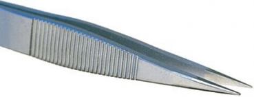 The image shows a sharp, metallic tweezer. The surfaces are smooth, and one side has fine grooves for better grip. It is slim and functionally designed.