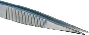 The image shows a straight, metallic tweezer with two long, narrow tips. The gripping surfaces are finely ground, and one side has grooves for better grip.