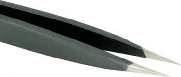 The image shows a pointed tweezer made of black plastic with metal tips. It is slim and has an elongated shape, ideal for grabbing small objects.