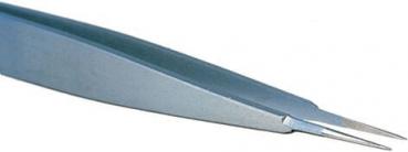 The image shows a pointed metal tweezer. It has a narrow, flat shape and tapers to a fine point. The surface is smooth and silver.