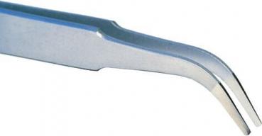 The image shows a metallic tweezer with a curved, pointed tip. It has a smooth, silver body and is mostly used for grasping small objects.