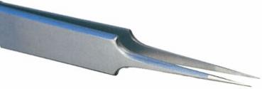 The image shows a sharp, stainless steel tweezer with two narrow, slightly curved ends. It has a straight shape and a smooth, shiny handle.