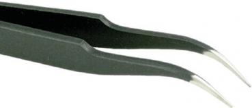 The image shows a black tweezer with pointed, metallic ends. The handles are slim and slightly curved, allowing them to grasp objects precisely.