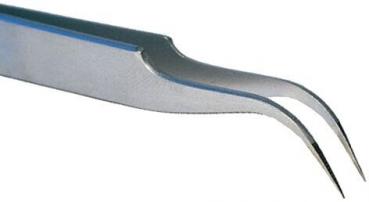 The image displays a pointed, metallic pair of tweezers with two curved tips that stand apart. It has a smooth surface and is suitable for precise tasks.