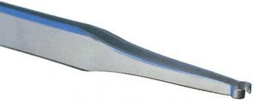 The image shows a narrow, metallic tweezer. It has a smooth, straight edge and a slightly curved tip at one end. The surface appears shiny and reflective.