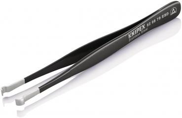The image shows a black tweezer with a narrow, long shape and a fine tip. It has a non-slip surface and is intended for precise tasks.