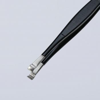 The image shows a black metal tweezer with a special pointed, slightly curved working surface. The grip area is non-slip and has a wavy pattern.
