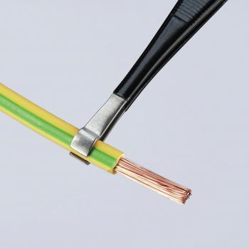 The image shows an exposed copper wire surrounded by a green and yellow insulation jacket. A pair of pliers holds the wire in place.