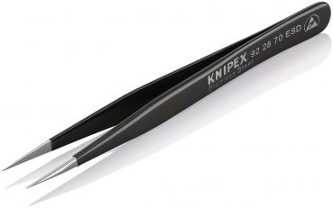 The image shows a black tweezer with narrow, pointed tips and a polished, smooth-looking surface. The brand "KNIPEX" and a model number are embossed on it.