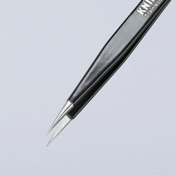 The image shows a long, pointed tweezer. It has a black, matte finish and two narrow, metallic tips that meet. The background is light and neutral.