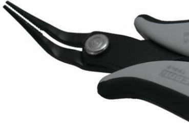 The image shows a black pair of pliers with gray handles. The pliers have two long, narrow tips that are angled to each other. A metal button connects the tips.
