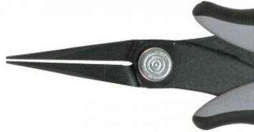 The image shows scissors with long, pointed blades and an ergonomic handle. The handle is black with gray accents. The blades are slim and precise.