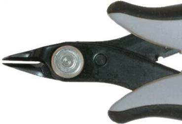 The image shows a small pair of pliers with gray handles and a black body. The pliers have a pointed, narrow blade suitable for gripping or cutting.