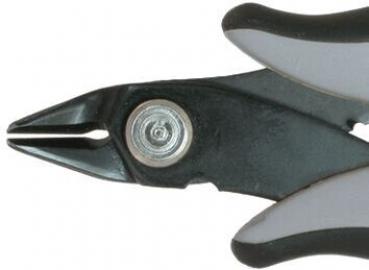 The image shows a gray-black pliers with a pointed, narrow blade. The handle is ergonomically shaped, and the pliers have a circular joint in the middle.